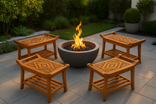 Load image into Gallery viewer, Four Teak Culture shower benches facing fire pit