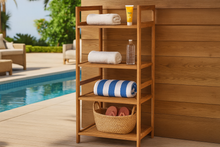 Load image into Gallery viewer, Teak rack with 4 shelves against wall on pool deck