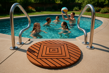 Load image into Gallery viewer, Teak shower mat 12 inches from pool edge between handrails