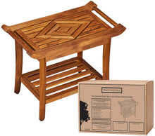 Load image into Gallery viewer, Luxury Teak Shower Bench Stool Seat with Leveling Feet, Waterproof, Teak Oil Finish, 25x19x14 for Bathroom, Spa, Sauna, Pool Deck, Patio, Garden, RV