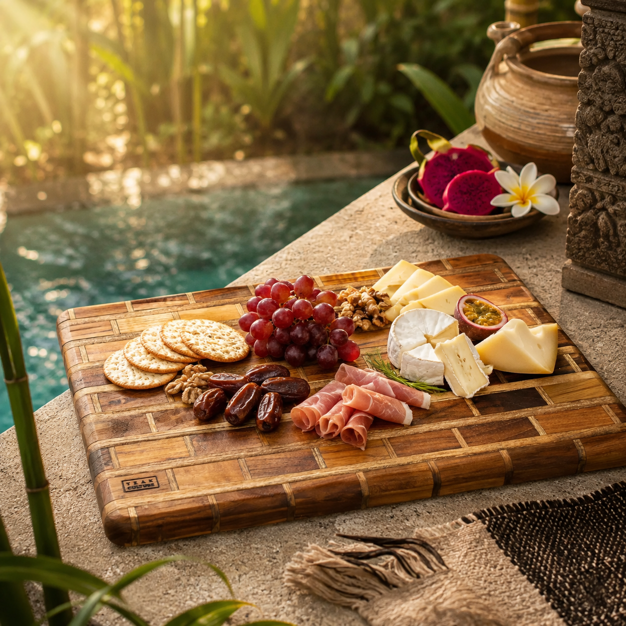 A rectangular wooden charcuterie board with a woven basket-style border, styled with crackers, red grapes, dates, rolled salami, cheese wedges, and nuts, set on a stone patio beside a pool with warm sunlight and tropical greenery in the background.