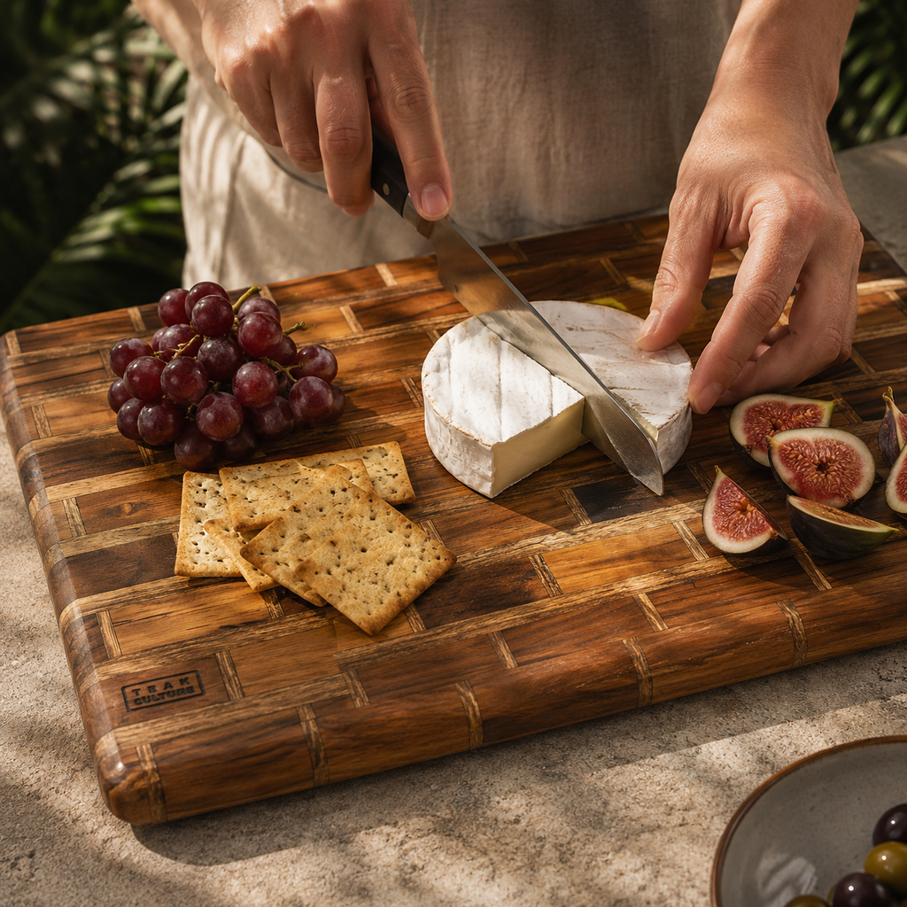 A person slices a wheel of brie cheese on a rectangular bamboo cutting board, with grapes, crackers, and figs placed on the board. The scene is set outdoors on a stone surface with blurred greenery in the background.