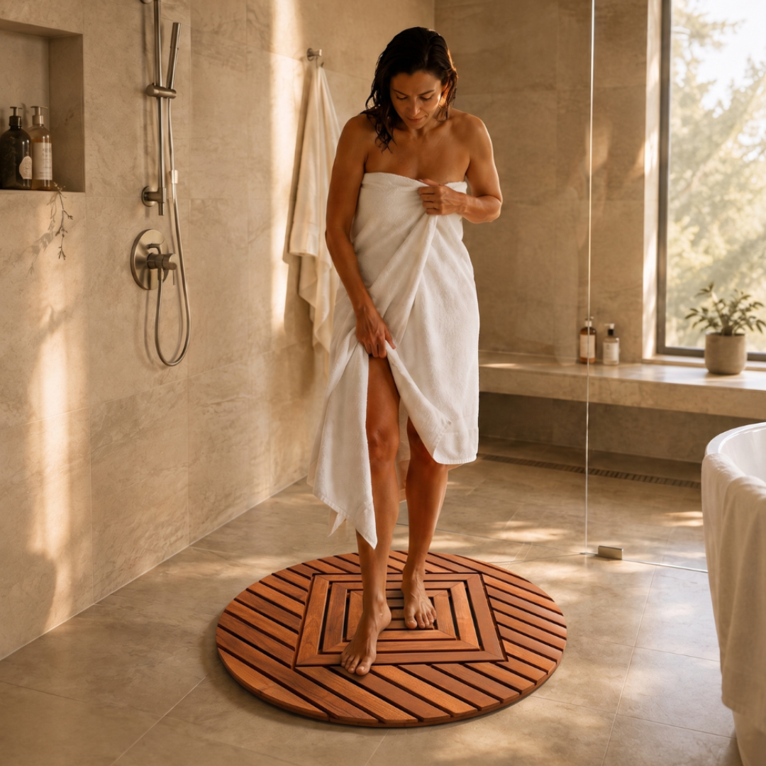 Xtra-Large Round Teak Waterproof Shower Mat – Turns Everyday Showering into Spa-Like Luxury