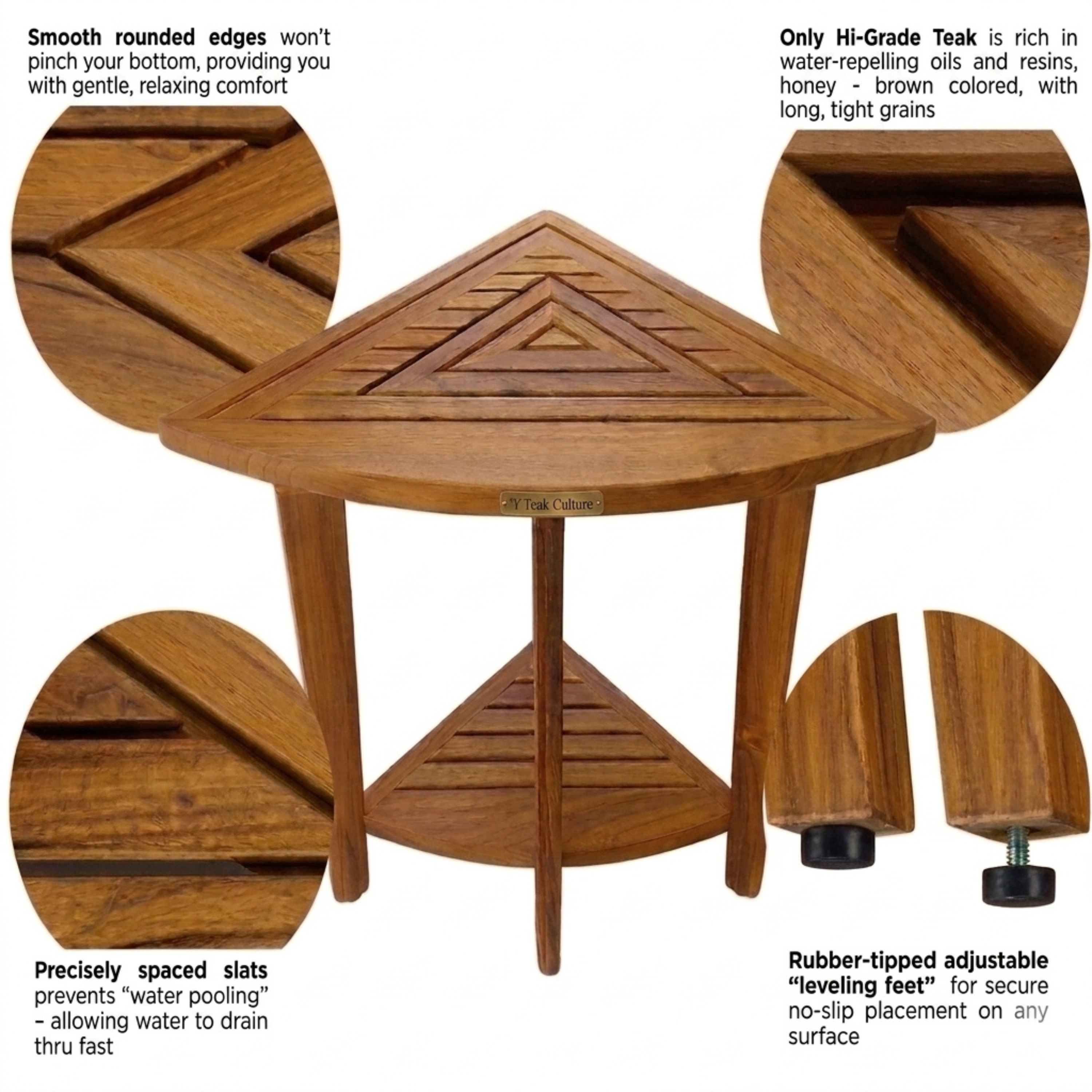 Stylish Teak Corner Shower Bench, Extra Tall, Leveling Feet, Waterproof, Teak Oil Finish, 24x30x17, use also as end table, night stand, plant display