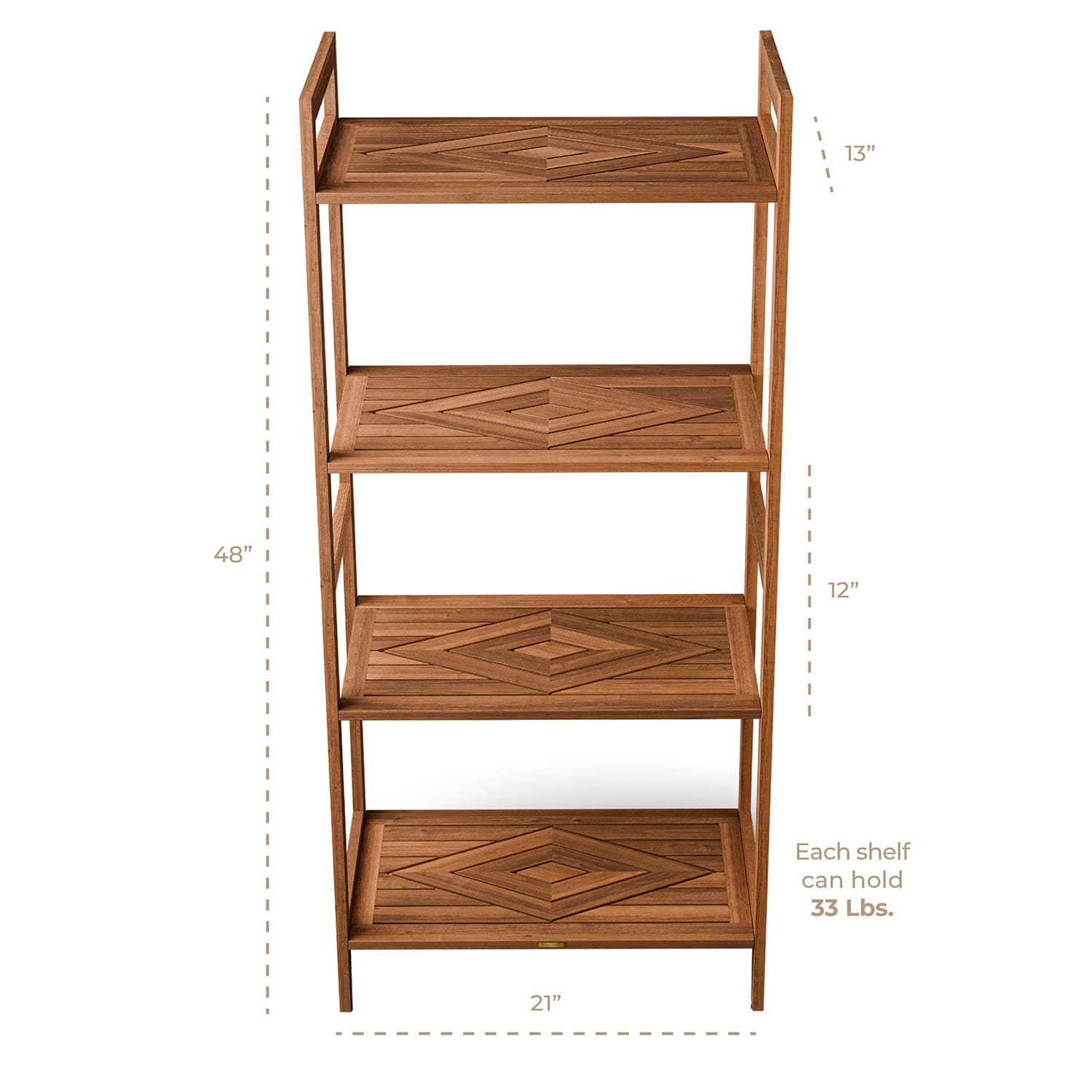 Elegant Teak 4-Shelf Organizer Storage Stand for Your Bathroom, Kitchen, Living-Room, Patio, Terrace, Waterproof, Use as Towel Rack, Bookshelf, Plant Display 48”(H) x 21”(L) x 13”(D)