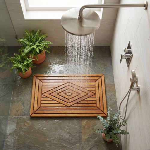 Teak shower mat on a stone shower floor with running water and plants around.