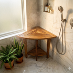 Stylish Teak Corner Shower Bench, Extra Tall, Leveling Feet, Waterproof, Teak Oil Finish, 24x30x17, use also as end table, night stand, plant display