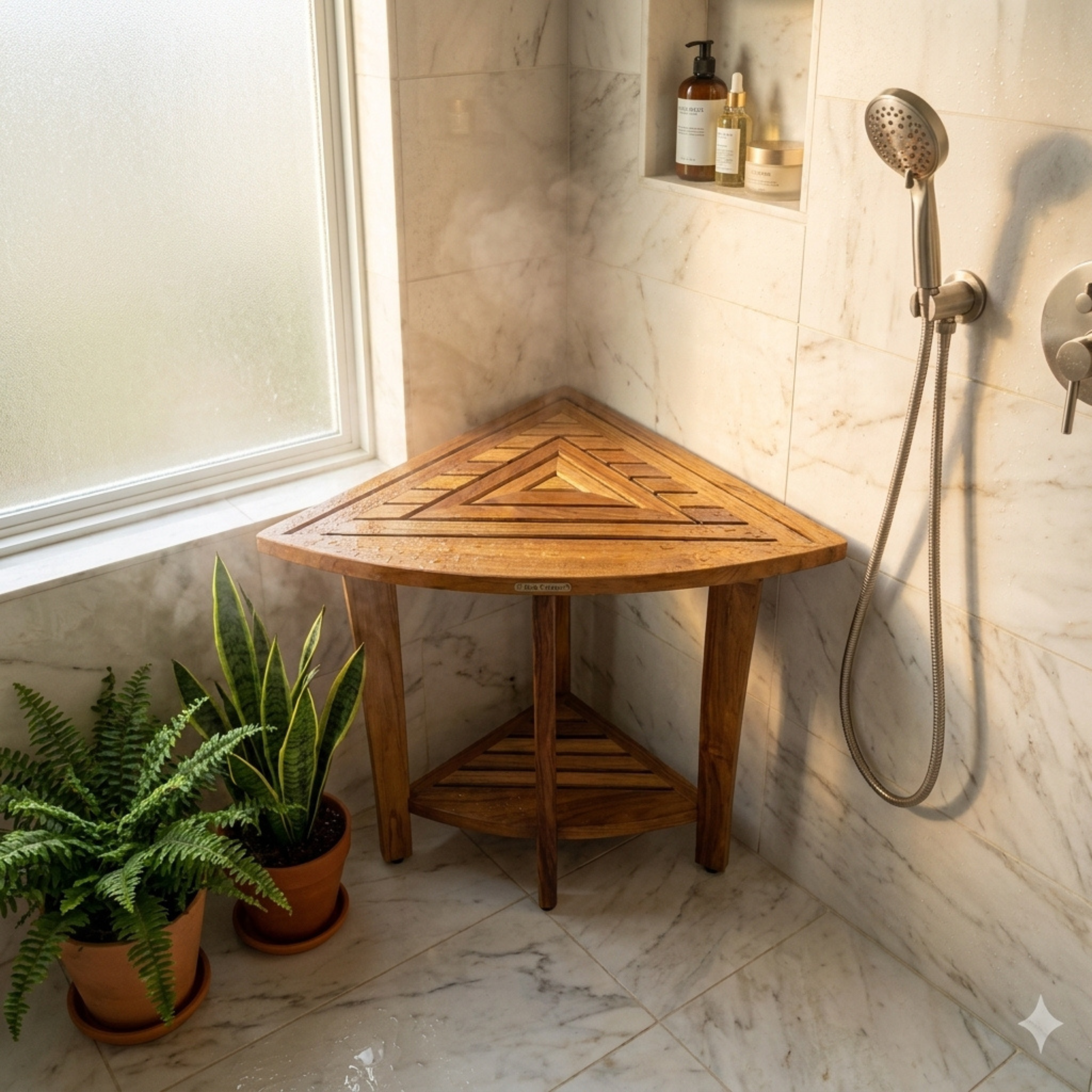 Extra Tall Teak Corner Shower Bench with Leveling Feet, Waterproof, Teak Oil Finish, 24x30x17, use also as an end table, night stand, or to display plants