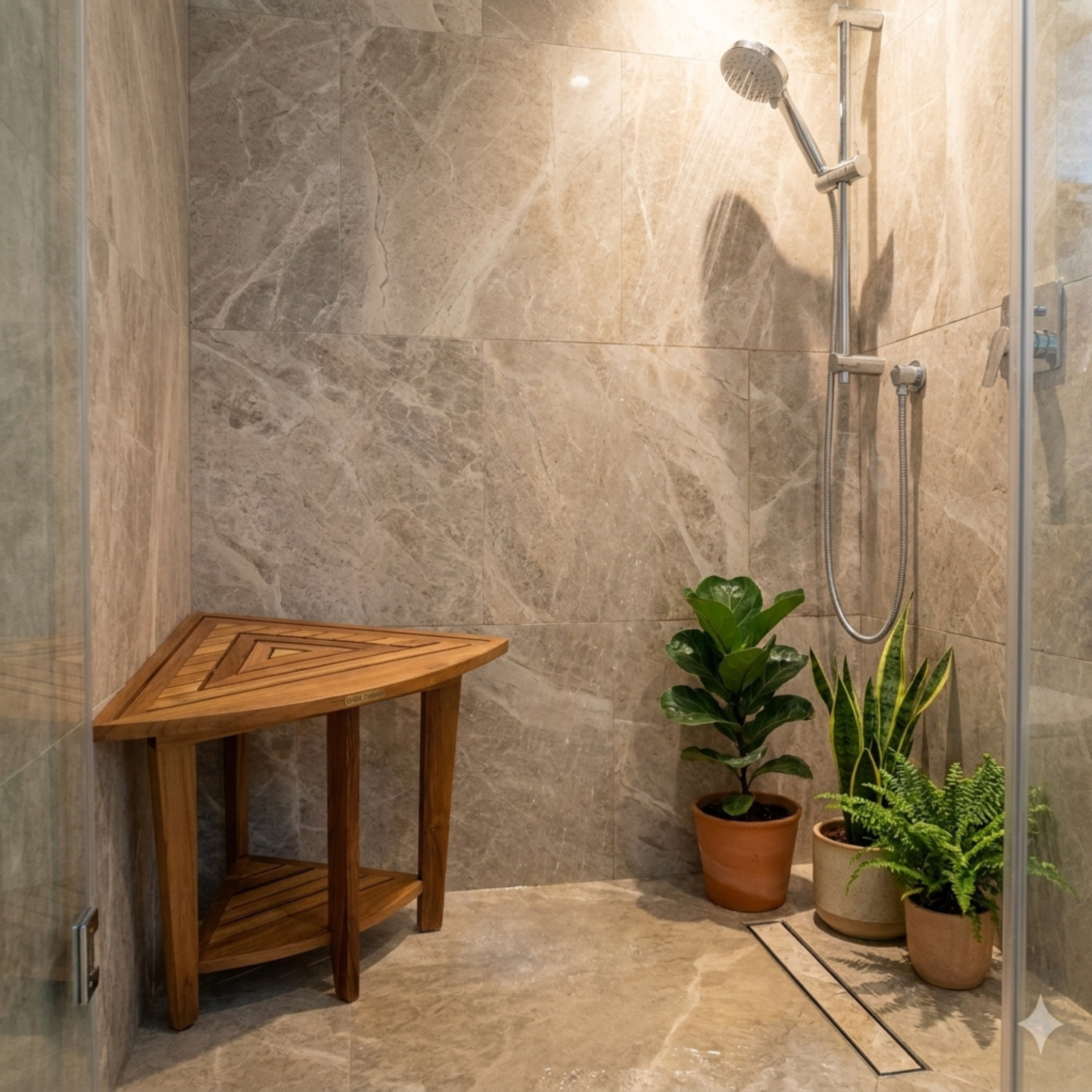Extra Tall Teak Corner Shower Bench with Leveling Feet, Waterproof, Teak Oil Finish, 24x30x17, use also as an end table, night stand, or to display plants