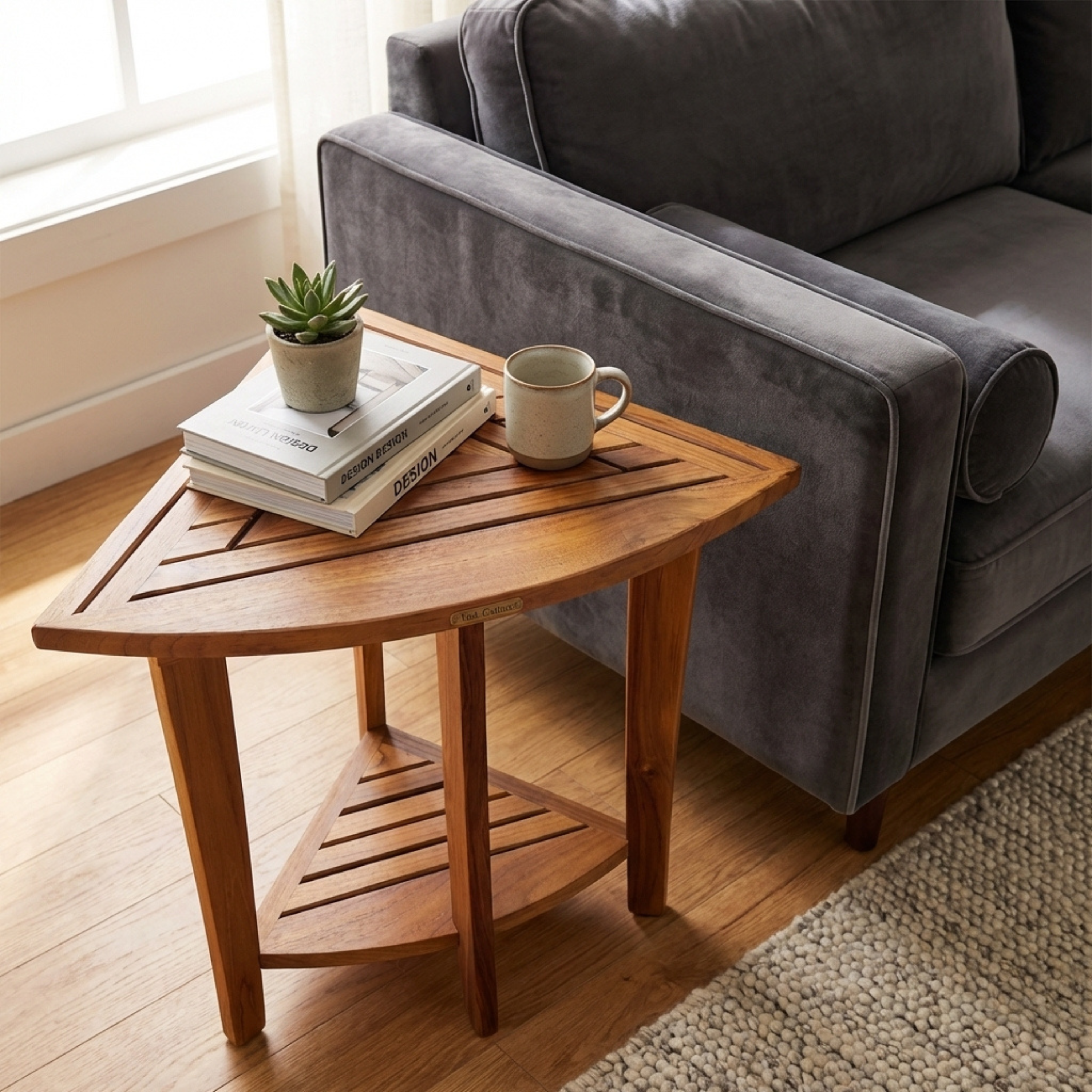 Stylish Teak Corner Shower Bench, Extra Tall, Leveling Feet, Waterproof, Teak Oil Finish, 24x30x17, use also as end table, night stand, plant display