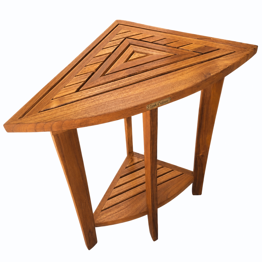 Stylish Teak Corner Shower Bench, Extra Tall, Leveling Feet, Waterproof, Teak Oil Finish, 24x30x17, use also as end table, night stand, plant display