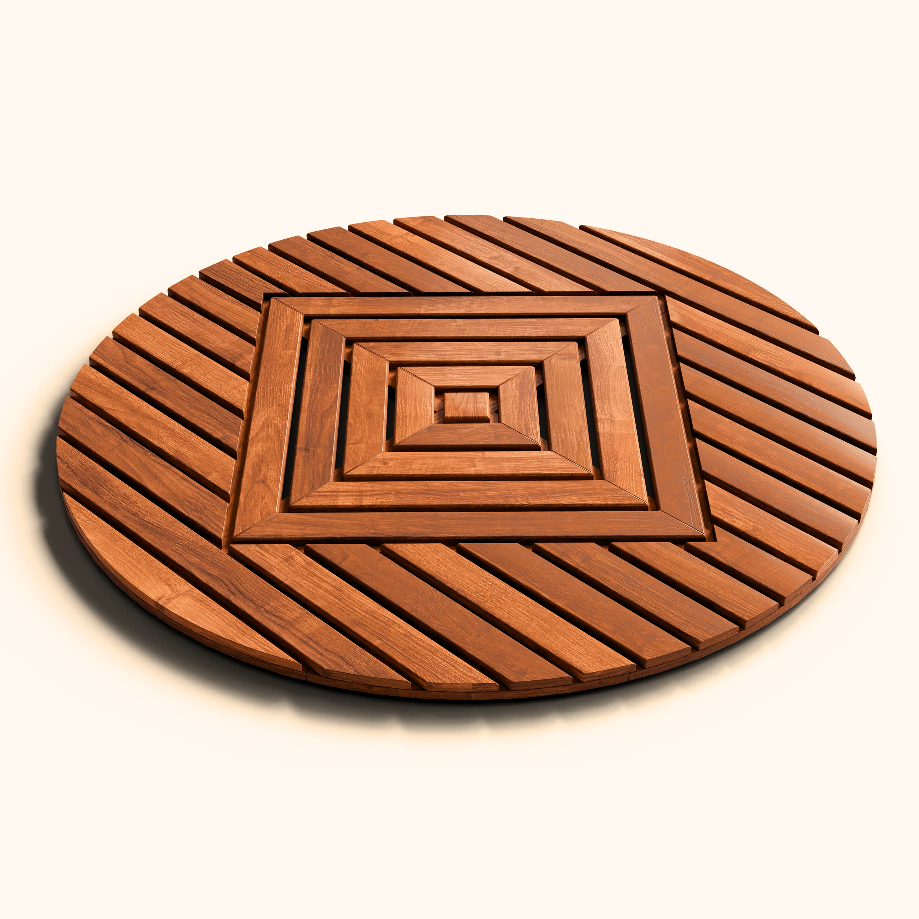 Teak round  circular mat with geometric pattern on a white background