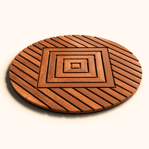 Teak round  circular mat with geometric pattern on a white background