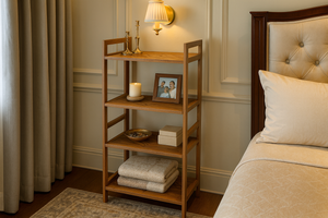 Angled view of teak rack with 4 shelves against wall in luxurious bedroom