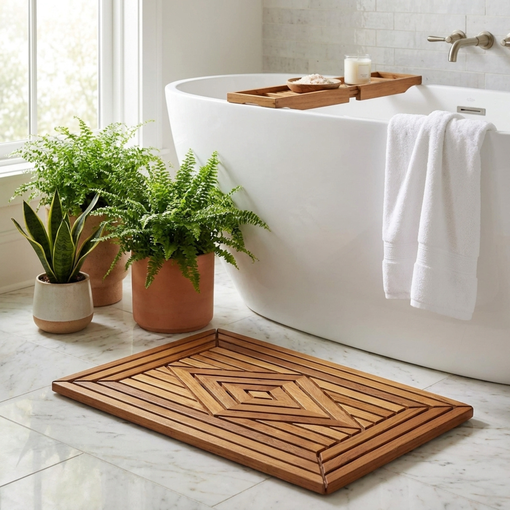 Teak bath mat in front of a white bathtub with plants and towels.