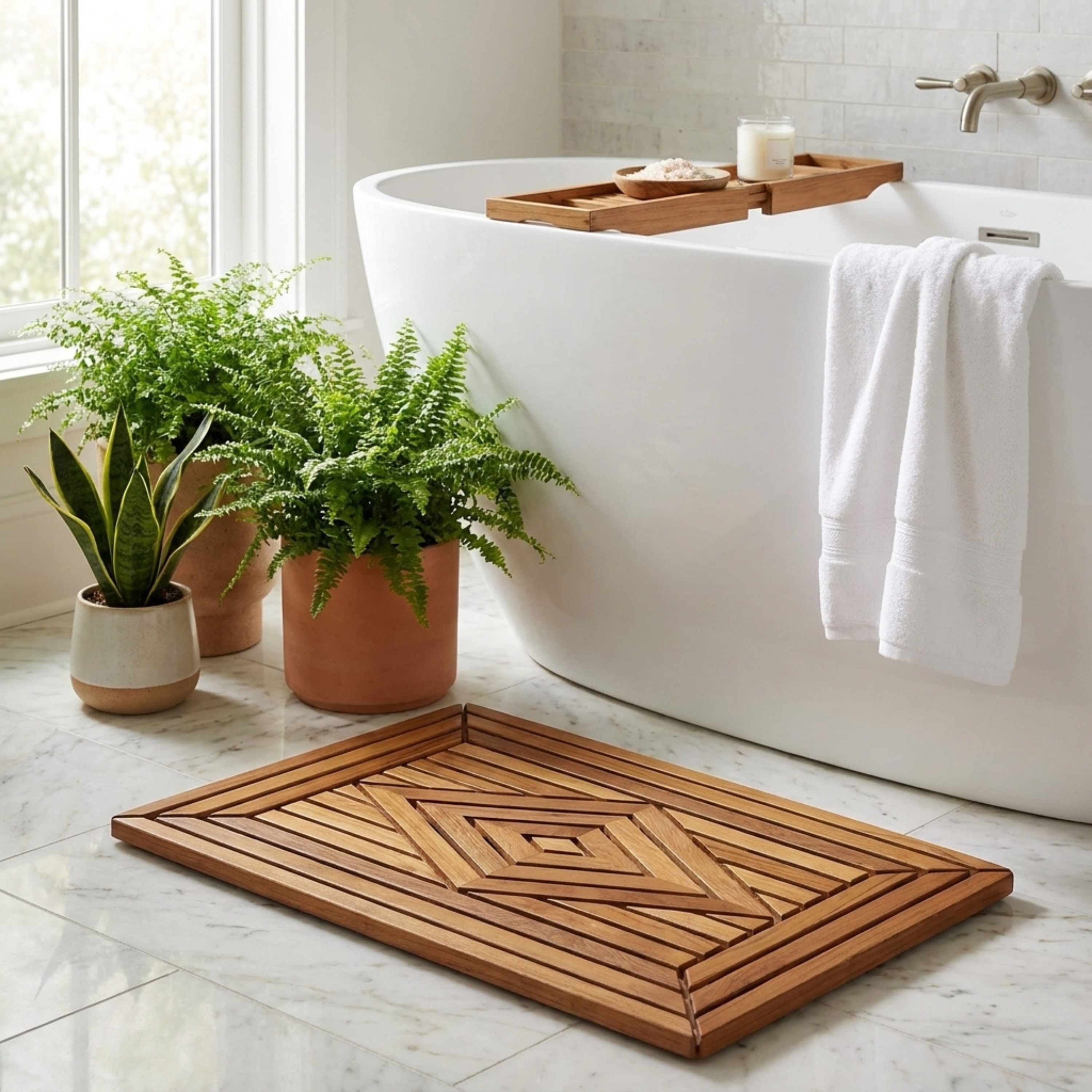 Teak bath mat in front of a white bathtub with plants and towels.