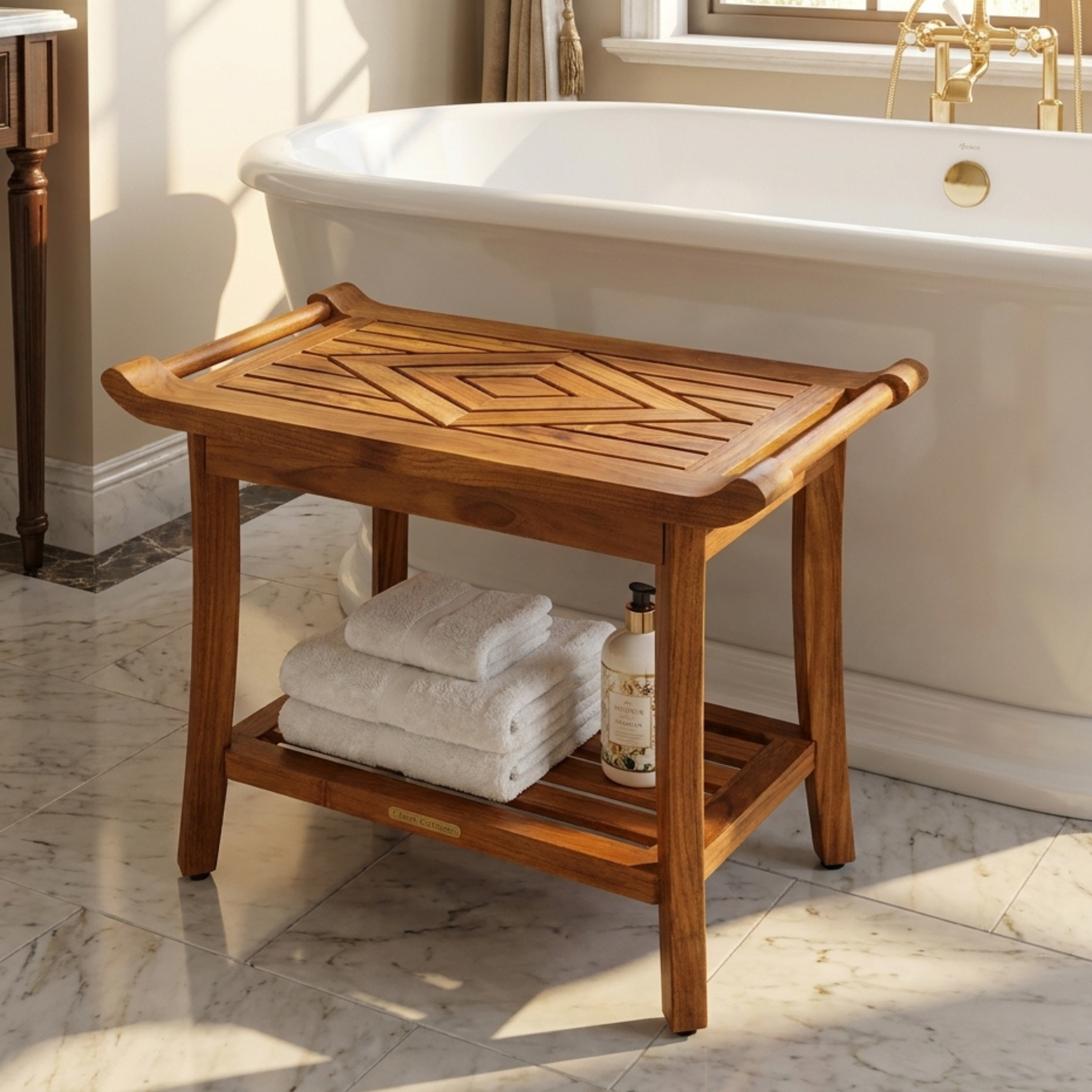 Luxury Teak Shower Bench Stool Seat with Leveling Feet, Waterproof, Teak Oil Finish, 25x19x14 for Bathroom, Spa, Sauna, Pool Deck, Patio, Garden, RV