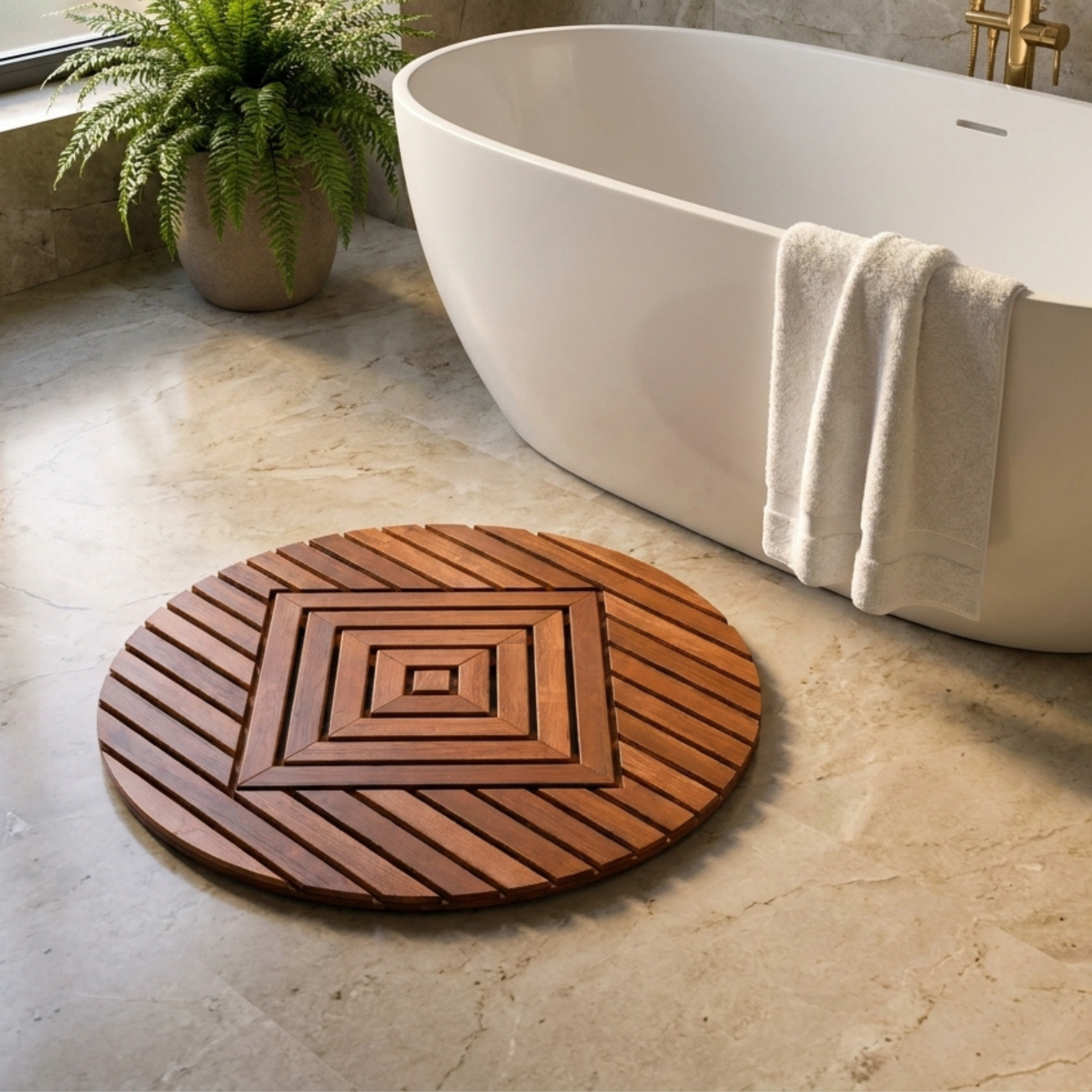 Designer Teak Shower Mat, Round, Xtra-Large 32” Diameter, Waterproof, Teak Oil Finish, for Bathroom, Pool, Spa, Boat, Sauna, Patio, Front Door from Our Diamond Collection
