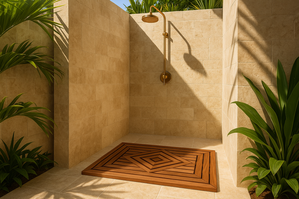 Diamond Series teak shower mat with correct details in bright outdoor shower