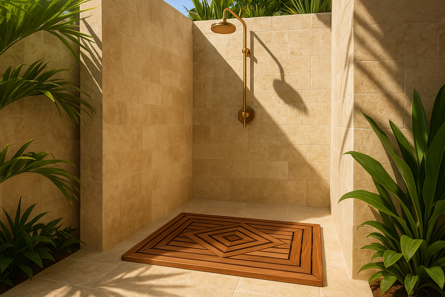 Diamond Series teak shower mat with correct details in bright outdoor shower