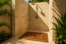 Load image into Gallery viewer, Diamond Series teak shower mat with correct details in bright outdoor shower
