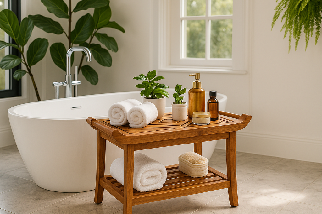 Elegant bathroom with teak stool featuring centered diamond design