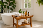 Elegant bathroom with teak stool featuring centered diamond design