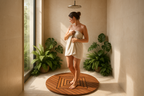 Elegant spa shower scene with teak shower mat