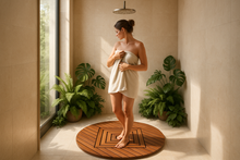 Load image into Gallery viewer, Elegant spa shower scene with teak shower mat
