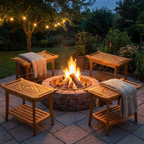 fire pit and wooden stools