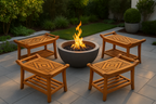 Four Teak Culture shower benches facing fire pit