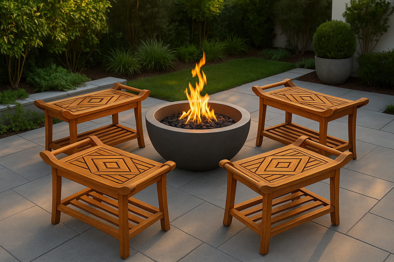 Four Teak Culture shower benches facing fire pit