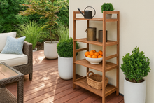 Load image into Gallery viewer, Fresh new version of teak rack with 4 shelves on backyard patio
