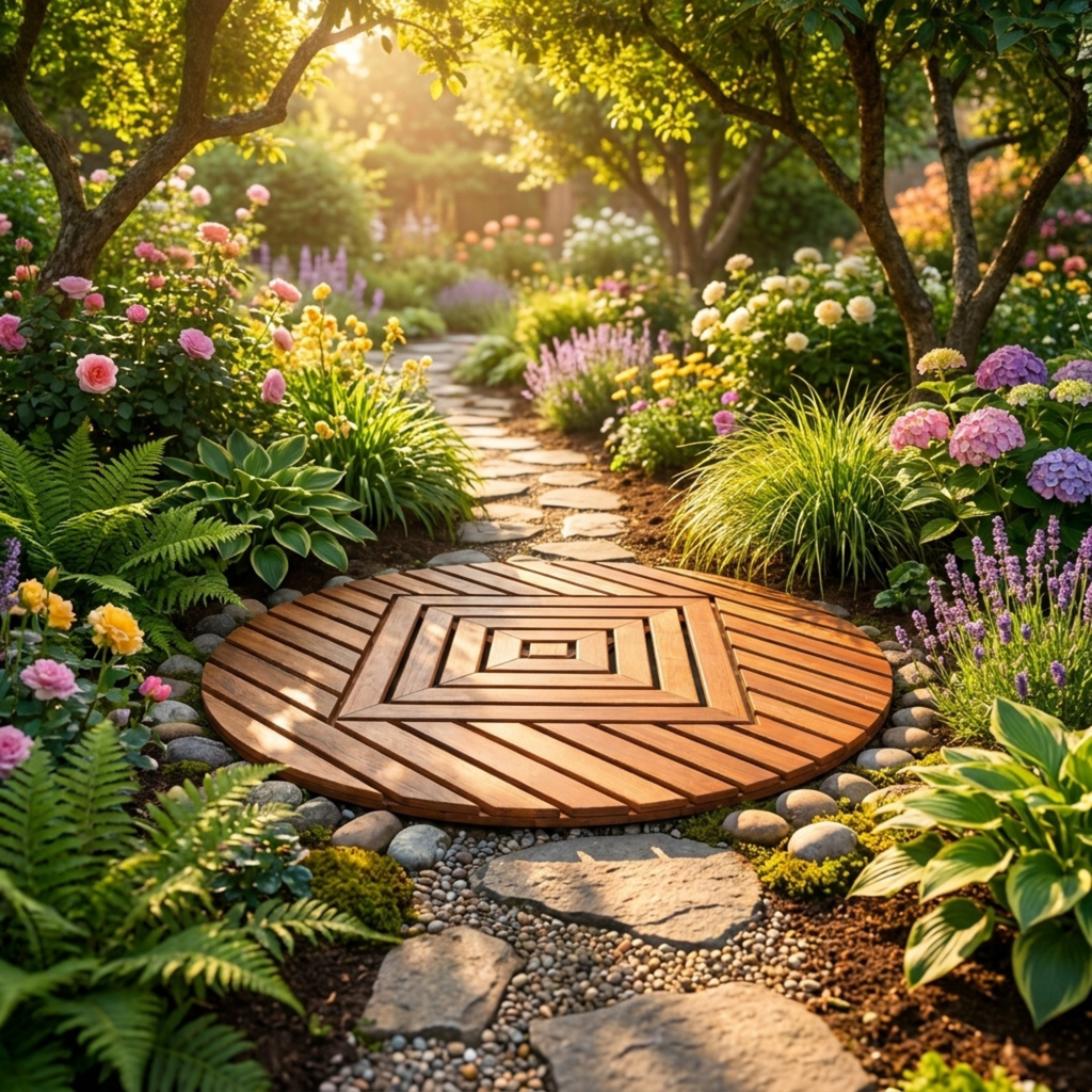 round teak mat in a garden path
