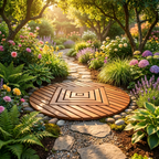 round teak mat in a garden path