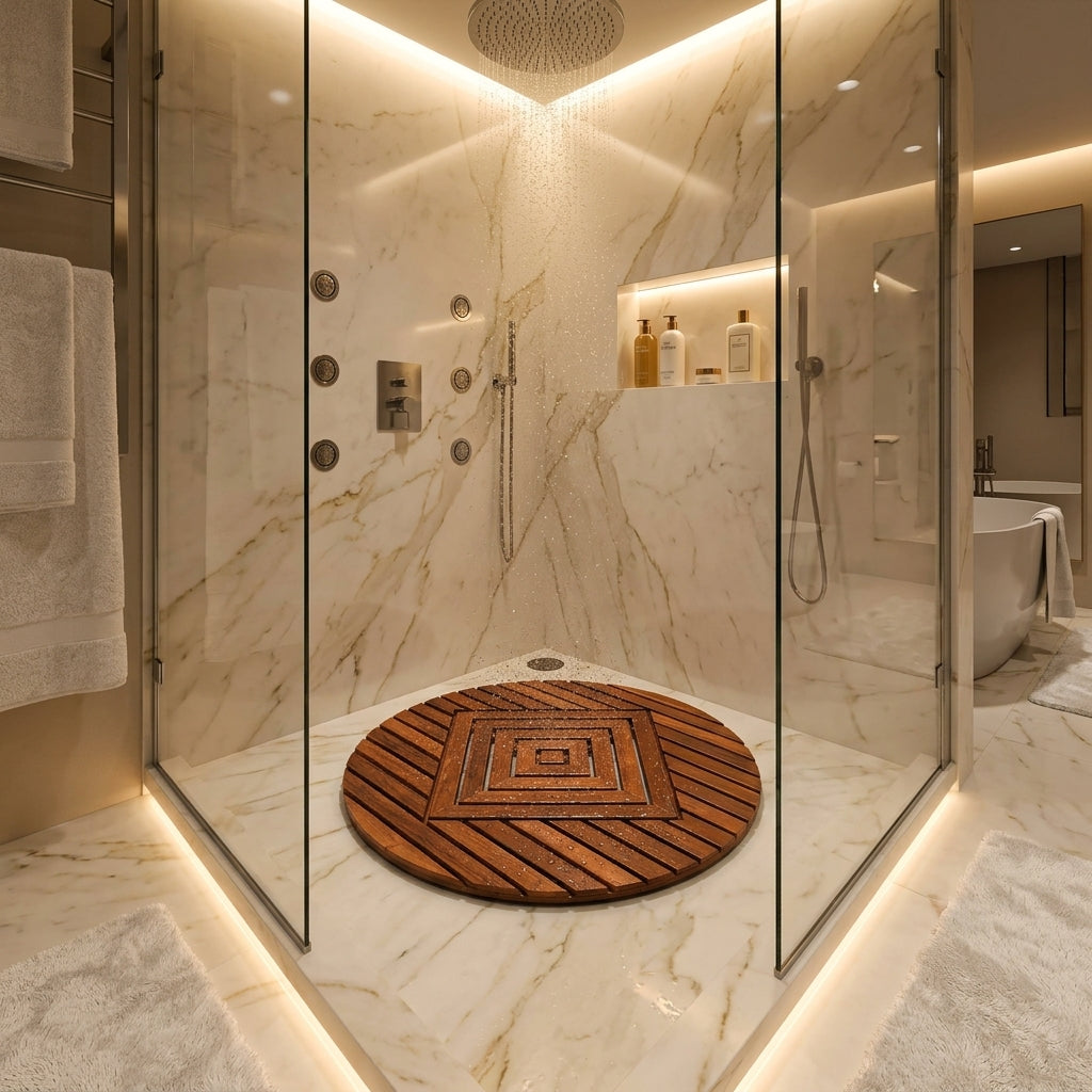 Xtra-Large Round Teak Waterproof Shower Mat – Turns Everyday Showering into Spa-Like Luxury