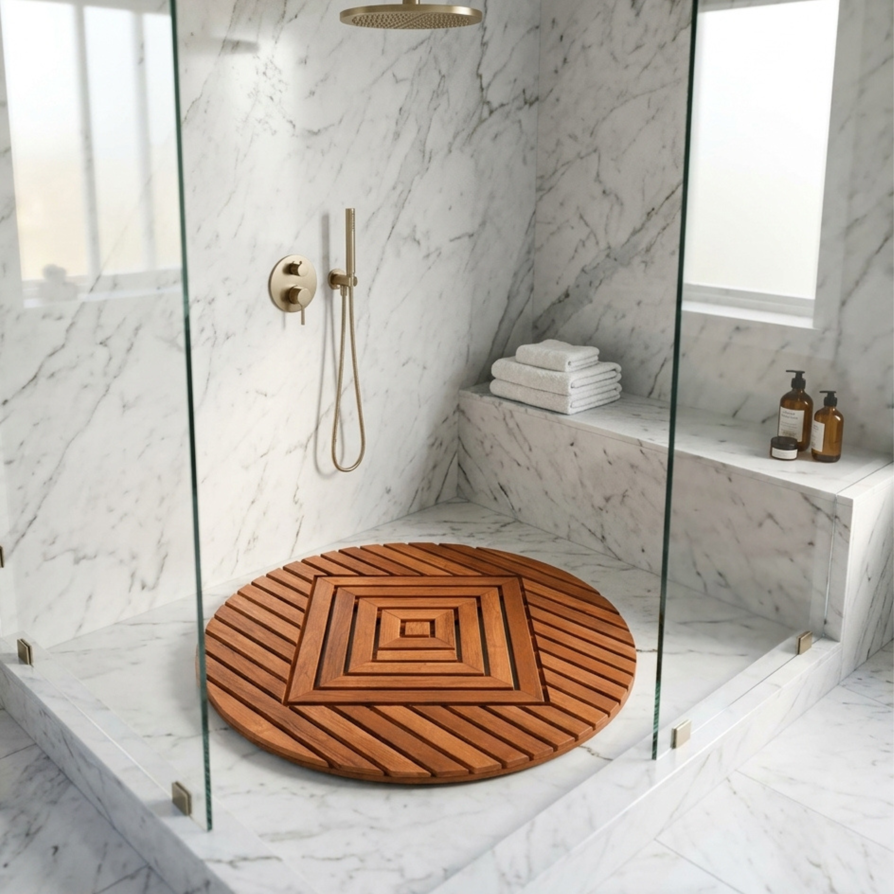 Xtra-Large Round Teak Waterproof Shower Mat – Turns Everyday Showering into Spa-Like Luxury
