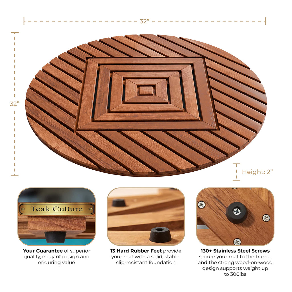 Designer Teak Shower Mat, Round, Xtra-Large 32” Diameter, Waterproof, Teak Oil Finish, for Bathroom, Pool, Spa, Boat, Sauna, Patio, Front Door from Our Diamond Collection