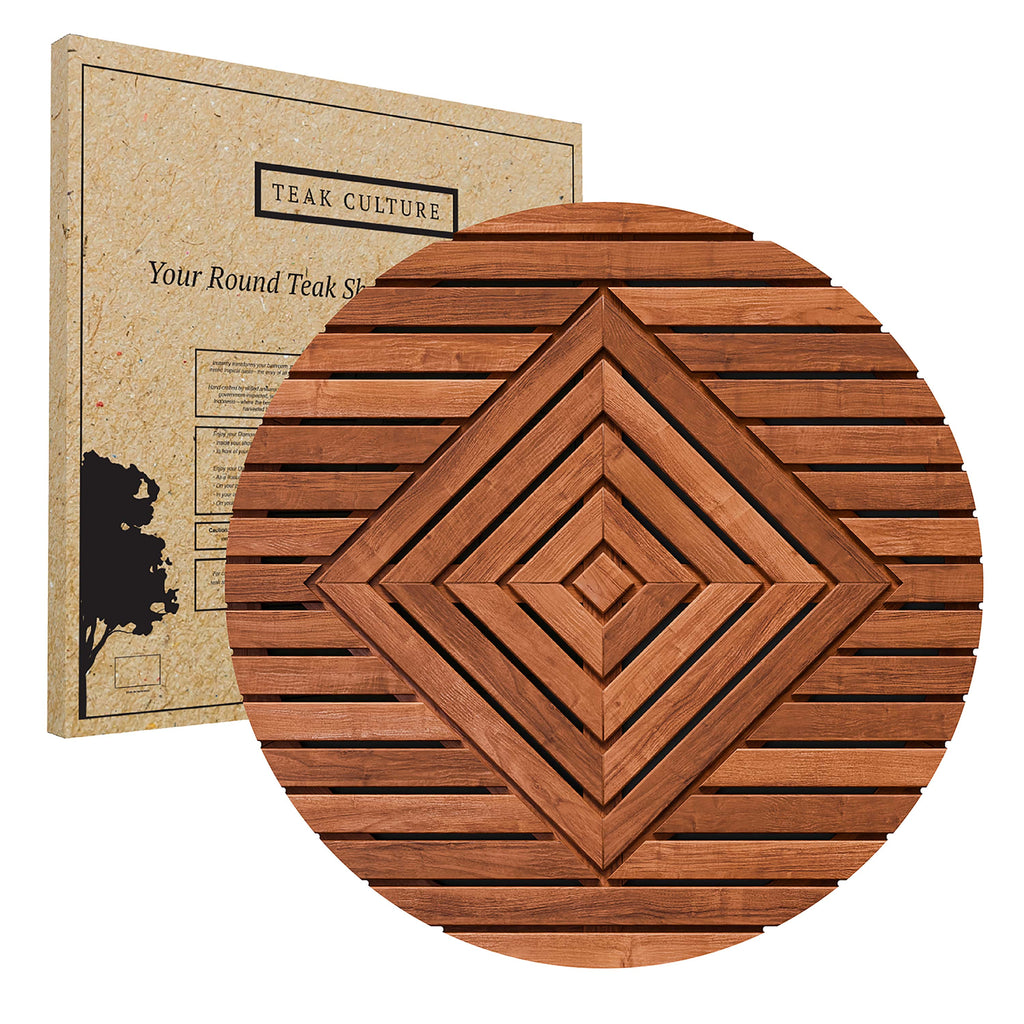 Designer Teak Shower Mat, Round, Xtra-Large 32” Diameter, Waterproof, Teak Oil Finish, for Bathroom, Pool, Spa, Boat, Sauna, Patio, Front Door from Our Diamond Collection