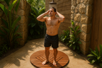 Outdoor shower scene with overhead shower head positioned above the man's head and teak shower mat