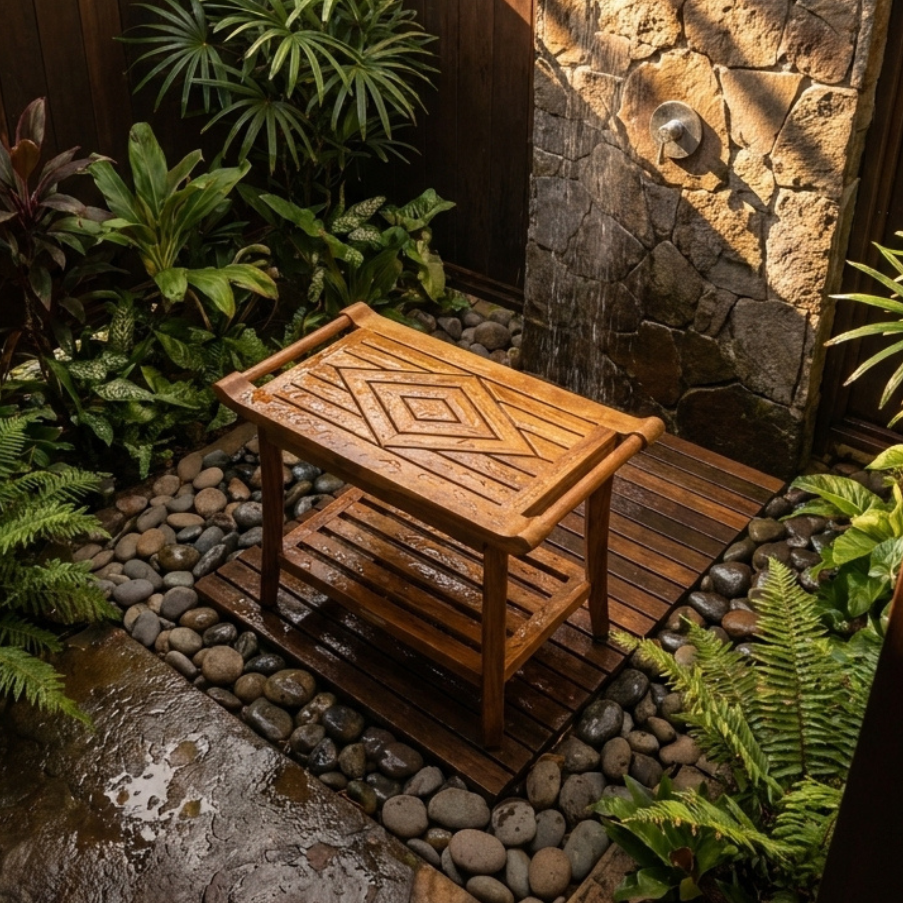 Wooden bench in shower area