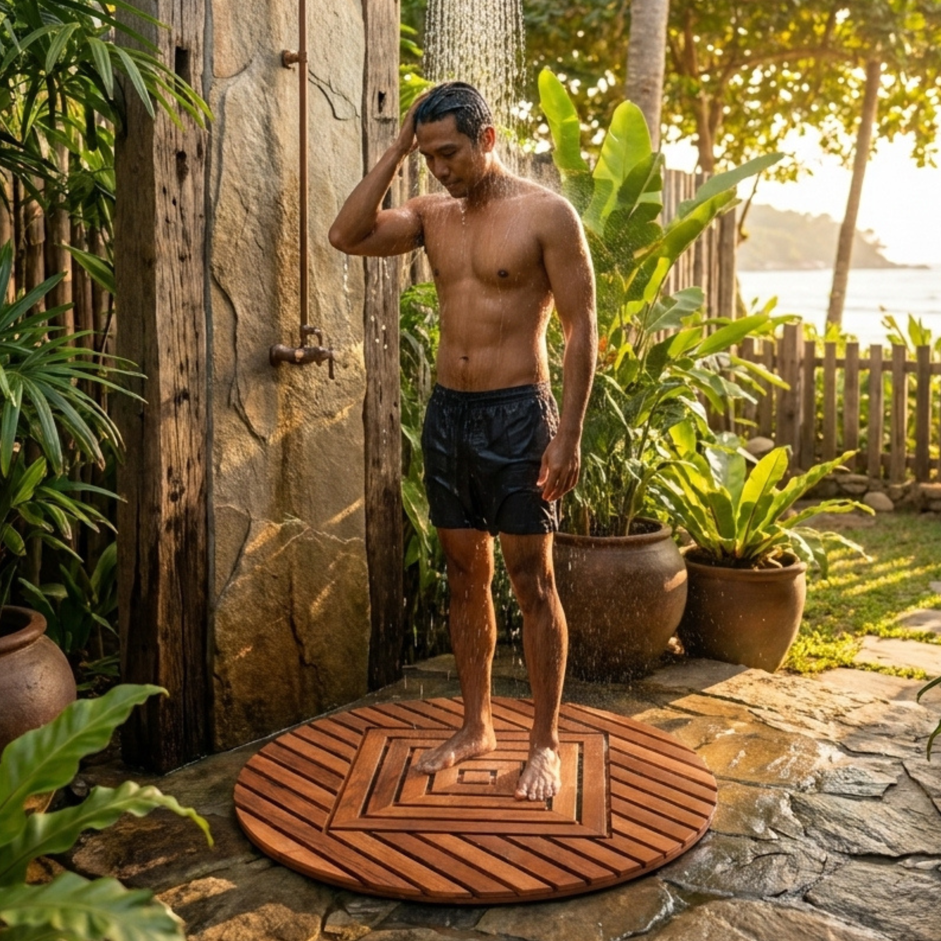 Designer Teak Shower Mat, Round, Xtra-Large 32” Diameter, Waterproof, Teak Oil Finish, for Bathroom, Pool, Spa, Boat, Sauna, Patio, Front Door from Our Diamond Collection