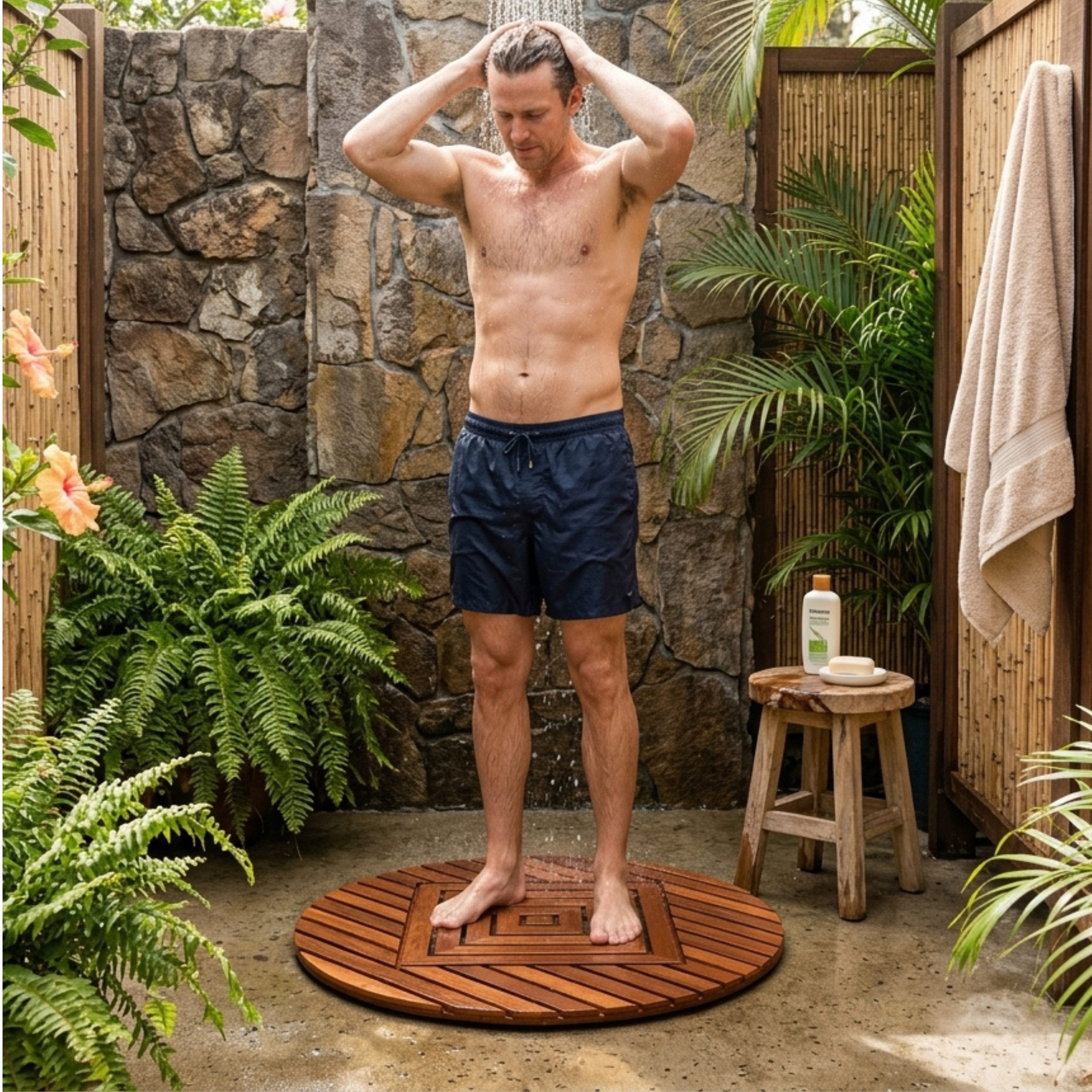 Xtra-Large Round Teak Waterproof Shower Mat – Turns Everyday Showering into Spa-Like Luxury