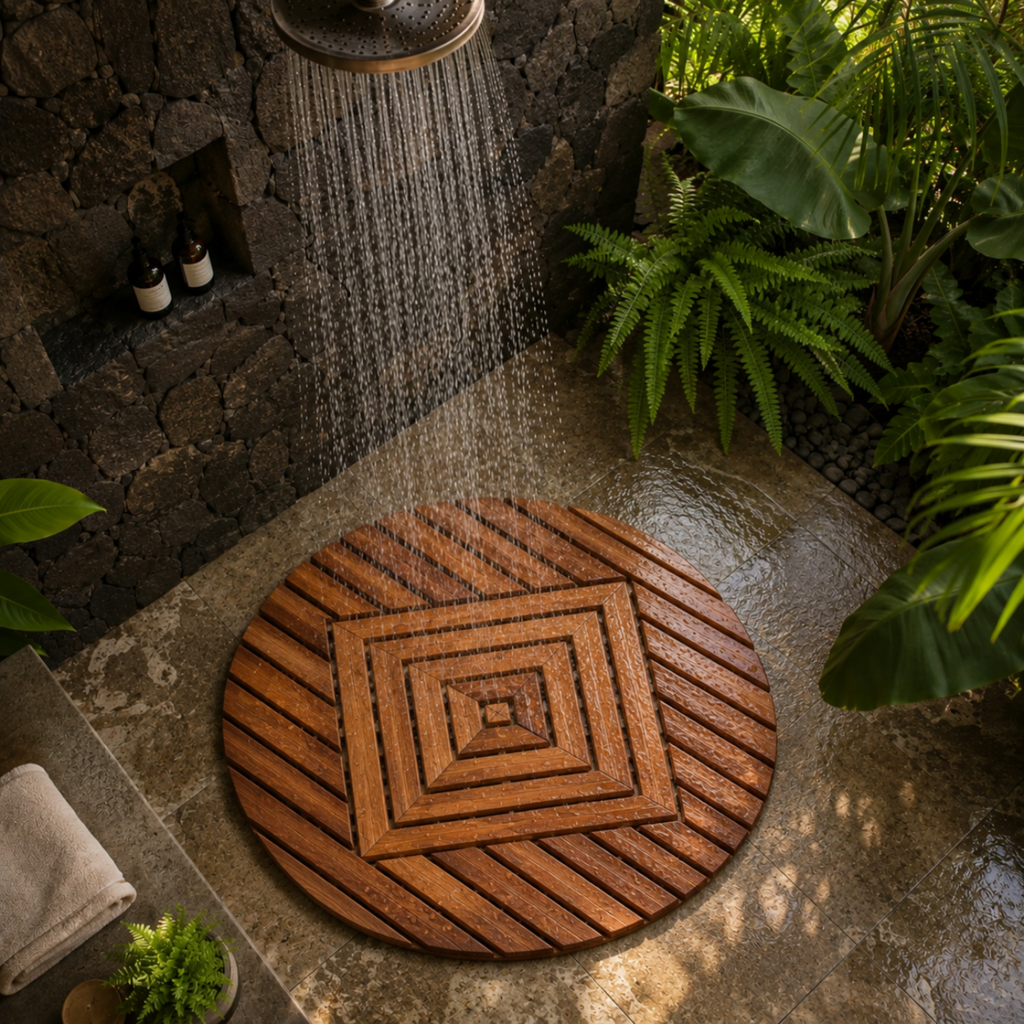 A round wooden shower floor mat