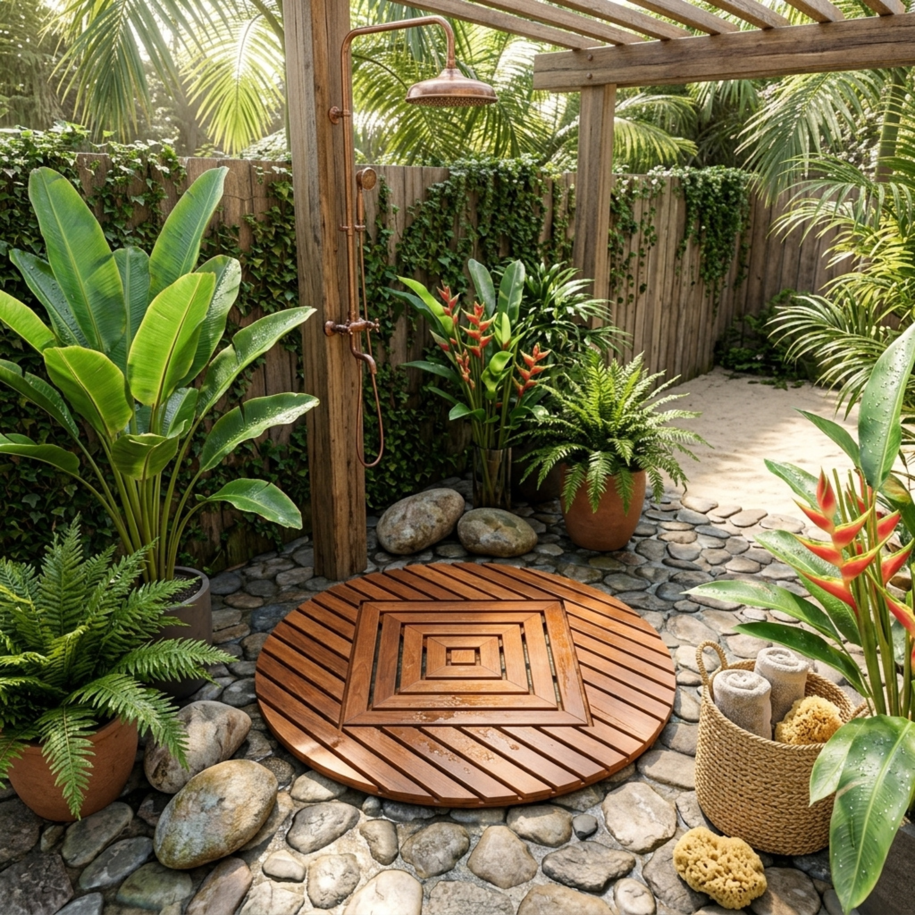 A round teak shower mat in outdoor lush backyard