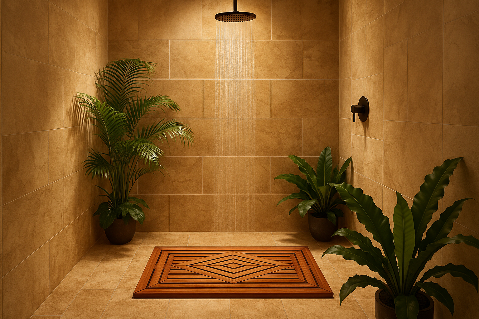 Rectangular teak shower mat in luxurious shower