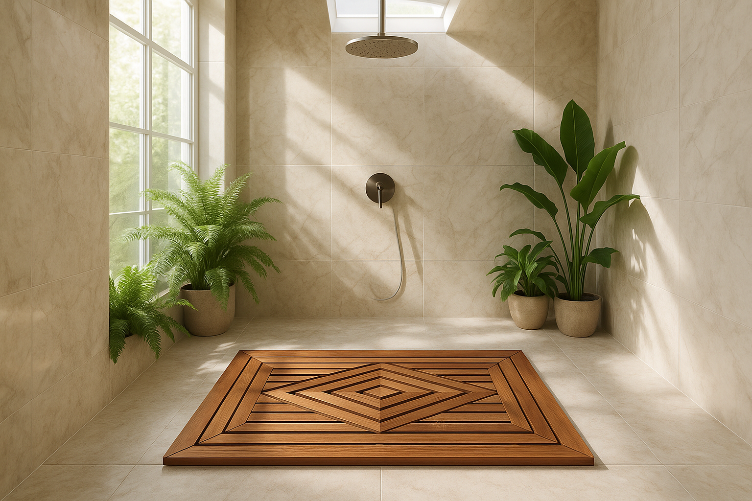 Rectangular teak shower mat in natural light