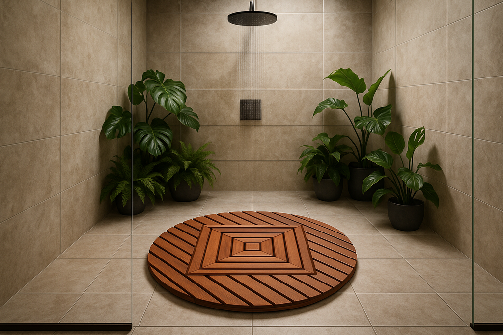 Shower with teak mat and floor plants
