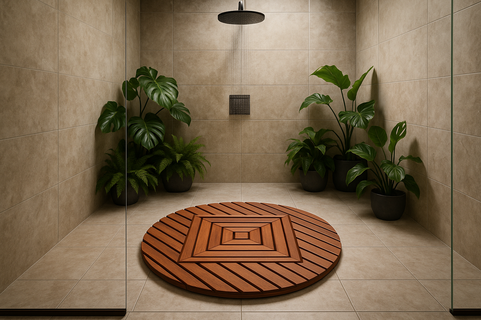 Shower with teak mat and floor plants