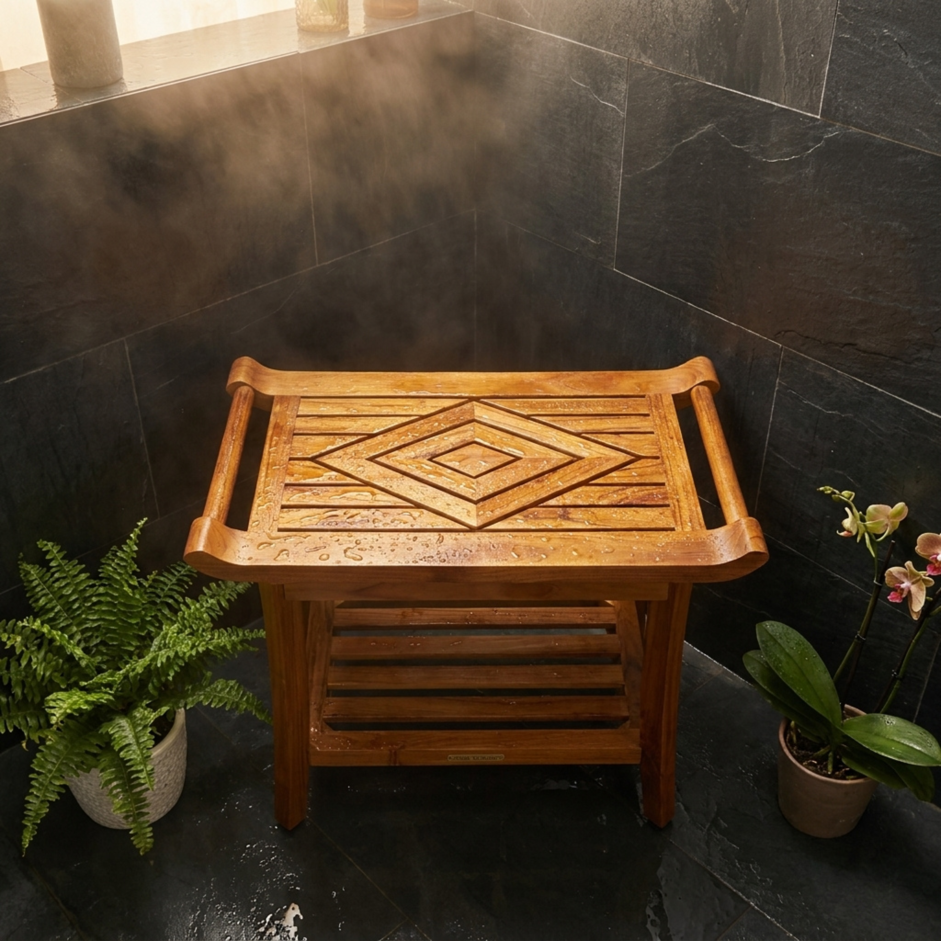 Luxury Teak Shower Bench Stool Seat with Leveling Feet, Waterproof, Teak Oil Finish, 25x19x14 for Bathroom, Spa, Sauna, Pool Deck, Patio, Garden, RV